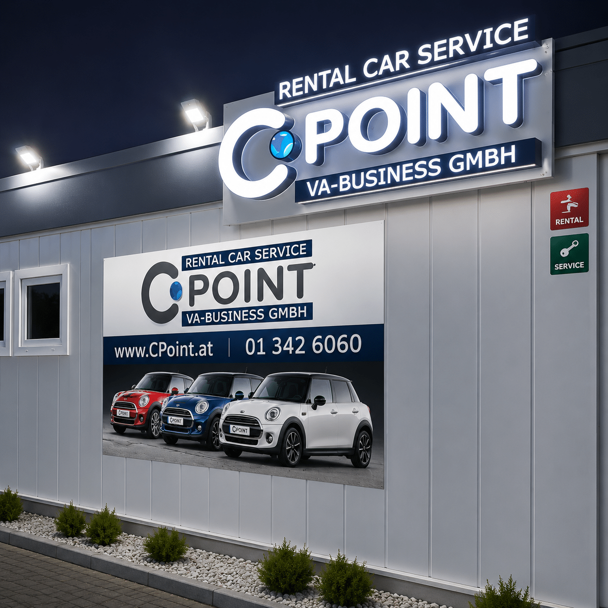 Leuchtwerbung für C-Point Rental Car Service