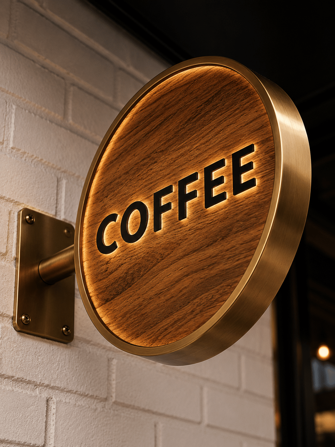 Rundes Coffee Werbeschild aus Holzoptik