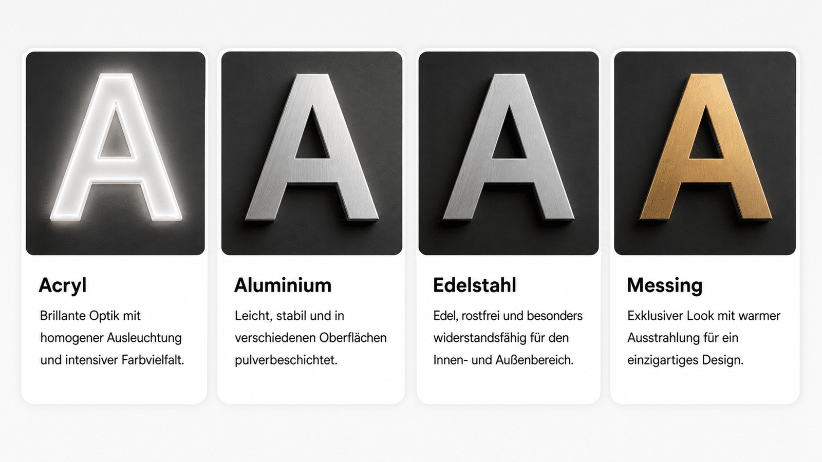 Materialien für 3D-Buchstaben und Logos: Acryl, Aluminium, Edelstahl und Messing