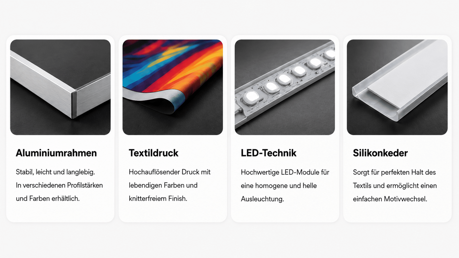 Materialien für LED-Textilspannrahmen: Aluminiumrahmen, Textildruck, LED-Technik und Silikonkeder