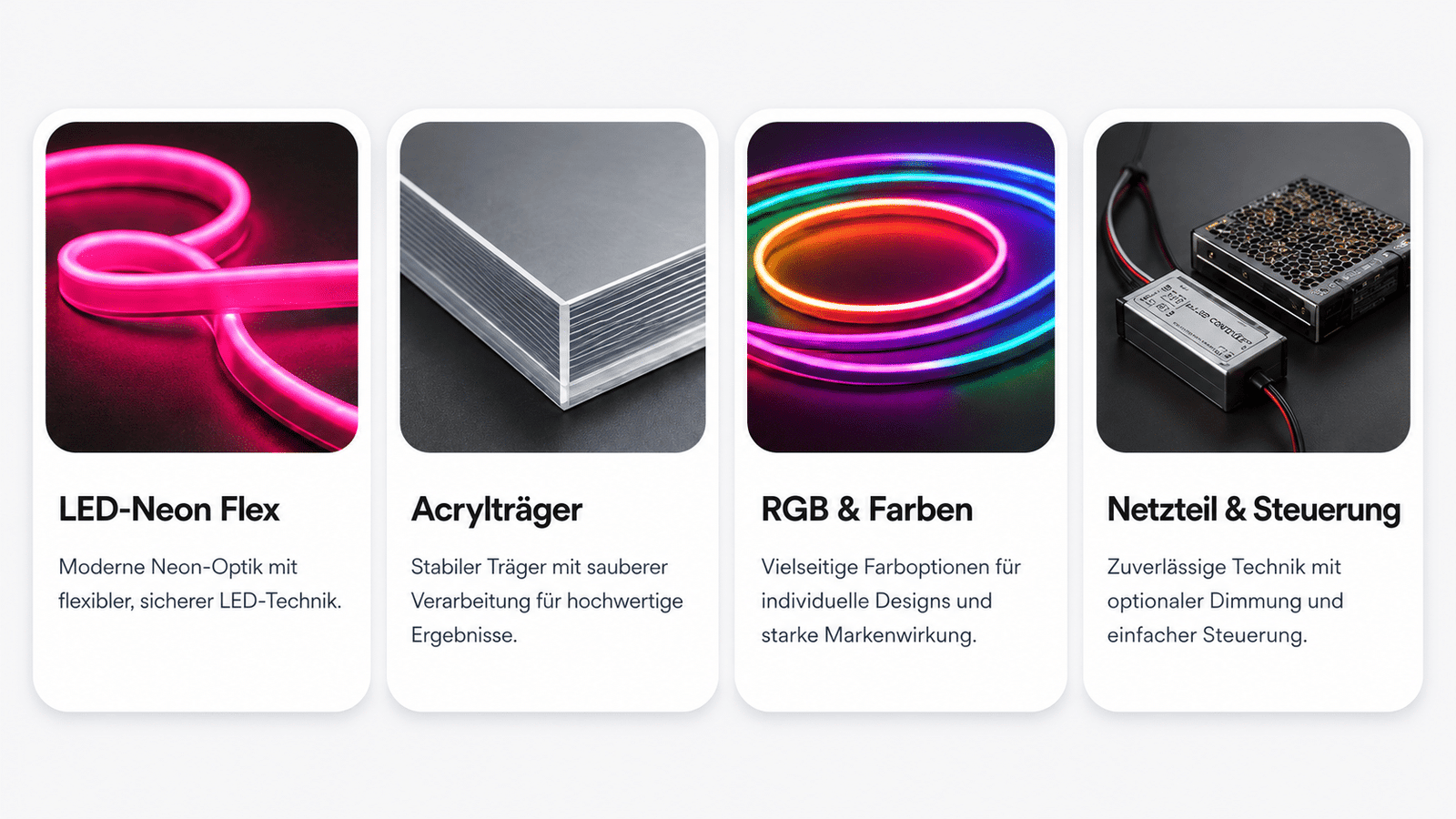 Materialien für LED-Neon-Schilder: LED-Neon Flex, Acrylträger, RGB Farben und Netzteil Steuerung