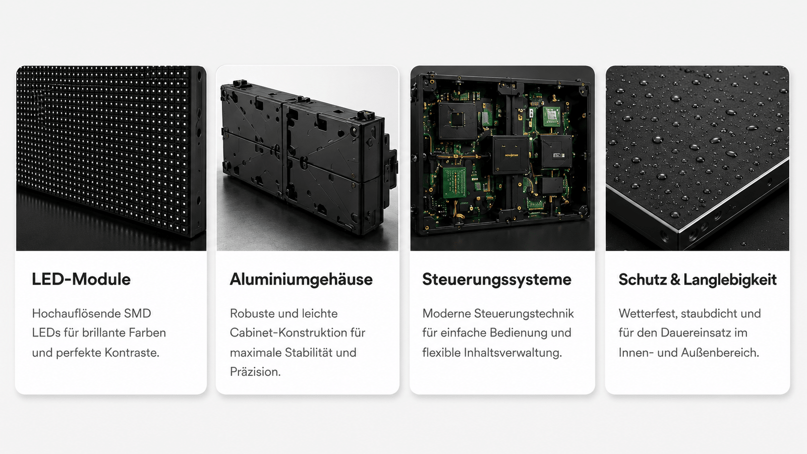 Technologie für LED-Videowalls: LED-Module, Aluminiumgehäuse, Steuerungssysteme und Schutz