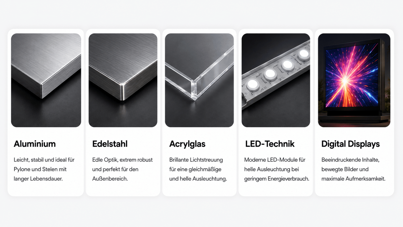 Materialien und Technologie für Pylone und Stelen: Aluminium, Edelstahl, Acrylglas, LED-Technik und Digital Displays