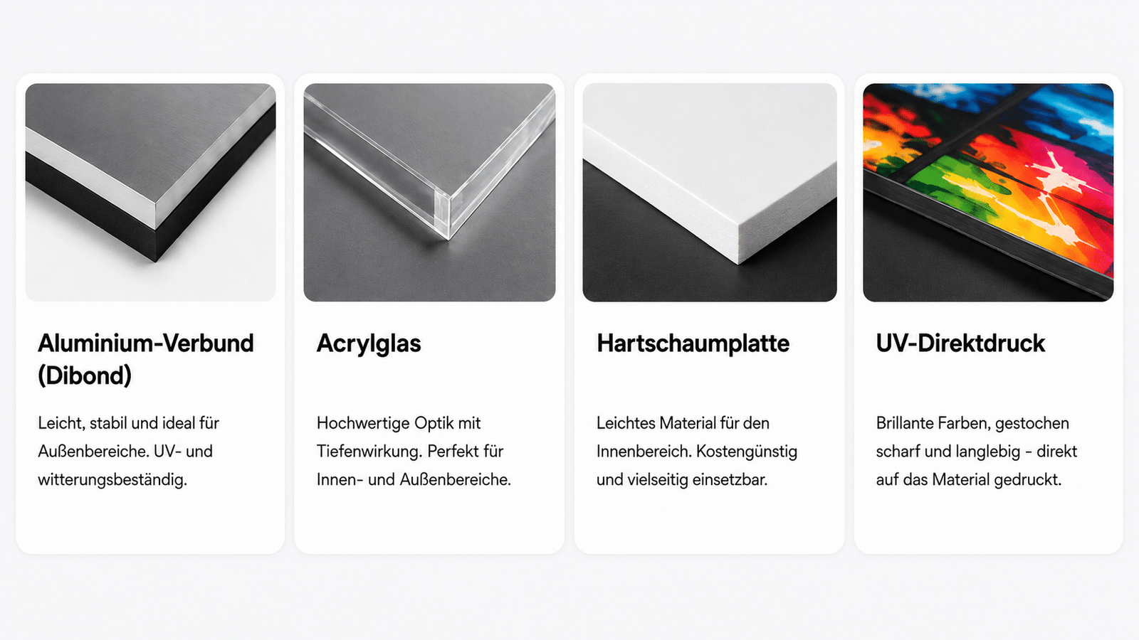 Materialien für Werbeschilder: Aluminium-Verbund, Acrylglas, Hartschaumplatte und UV-Direktdruck